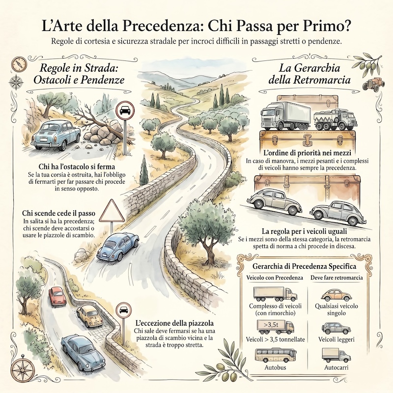 Infografica: Incrocio su strade strette e di montagna