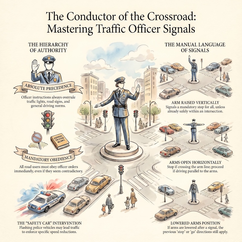 Infographic: Traffic officer signals: priority and meaning
